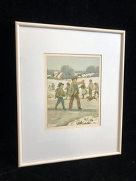 Two Young Boys Skating On A Frozen Lake Framed Color Lithograph