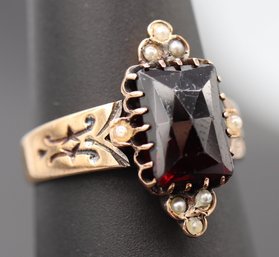 Antique & Stunning Garnet & Seed Pearl Ring In 14k Yellow Gold