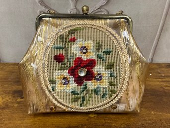 Vintage Gold Tinsel Vinyl Handbag W/crocheted Floral Front