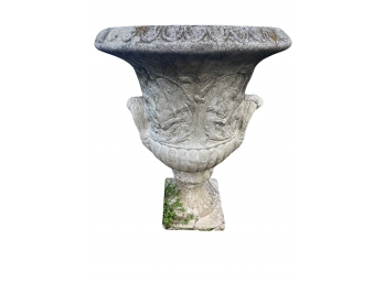 Large Heavy Cement Urn Planter With Foo Dog Motif