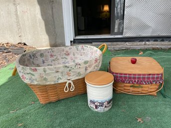 Longaberger, Two Baskets And A Pottery Covered Container.(11)