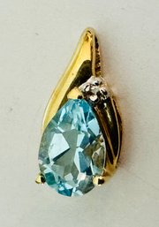 PRETTY 14K GOLD PEAR SHAPE BLUE TOPAZ AND DIAMOND ACCENT PENDANT