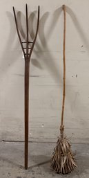 Two Vintage And Decorative Display Pitchfork And Straw Broom