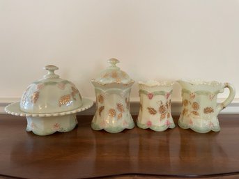 Set Of Four Antique Northwood Chrysanthmmum Sprig  Custard Glass Early Americana Pattern , Serving Dishes.,
