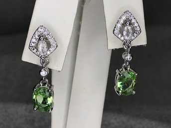 Fabulous 925 / Sterling Silver Earrings With White Topaz And Lovely Pale Green Tourmaline - Very Pretty Style