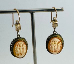 Antique Three Graces Gold-filled Carved Shell Cameo Dangle Earrings