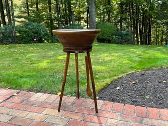 Vintage Wooden Salad Bowl On Stand With Utensils