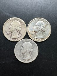 3 Silver Washington Quarters 1935, 1945, 1964-D