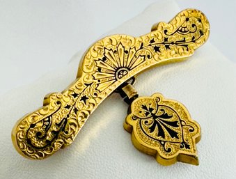 Antique Gold-filled Enamel Brooch With Dangle