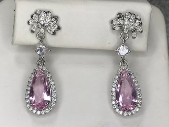 Wonderful Brand New 925 / Sterling Silver Teardrop Earrings With Pink And White Tourmaline - Never Worn !