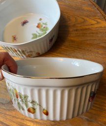 Two Porcelain Oven To Table Ramekins With Strawberries / Butterflies - 7 1/2' & 6 14'