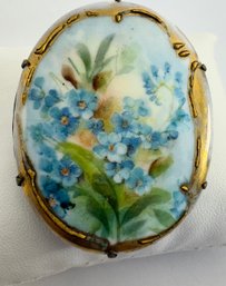 Victorian Hand Painted Porcelain Blue Flowers Brass Brooch