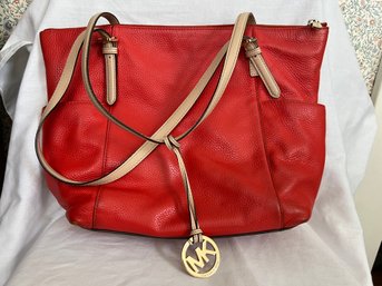 Red Leather Handbag With Long Straps By Michael Kors