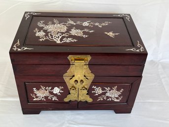 Vintage Asian Rosewood Jewelry Box With Inlaid Mother Of Pearl And Brass Hardware