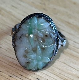 Lovely Antique Sterling Carved Jade Ring ~ Size 5 1/2 ~