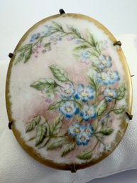 Large Victorian Hand Painted Floral Spray Brass Pin Brooch