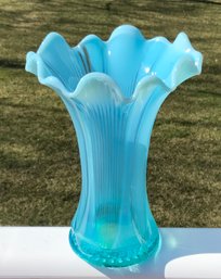 Vintage Blue Opalescent Glass Fluted  Vase