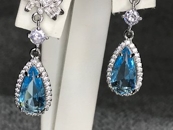 Beautiful Brand New Sterling / 925 Teardrop Earrings With White And Pale Blue Topaz - New Never Worn !