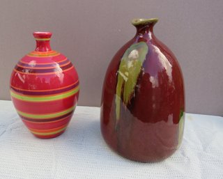 2 Contemporary Ceramic Striped & Drip Glaze Vases