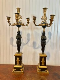 Pair Of Empire Gilt Bronze And Patinated Bronze Candleabra, Circa Late 1800's