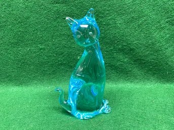 Adorable Torquoise Art Glass Cat, Kitten, Kitty Figurine. Stands 6 1/4' Tall.