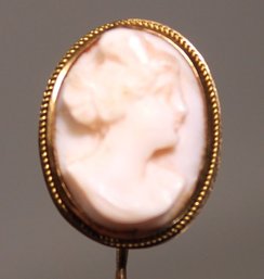 Victorian Gold Stickpin Having Angel Skin Coral Carved Cameo