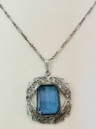 ART DECO SILVER TONE FILIGREE AND BLUE GLASS NECKLACE