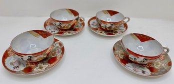 Set 4 Vintage Japanese Hand Painted Tea Cups & Saucers With Gold Trim