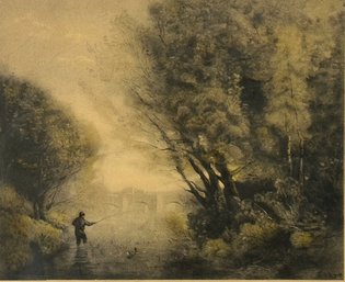 A Man Fishing Rare Signed Antique Lithograph