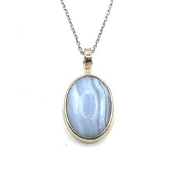 Vintage Italian Sterling Silver Chain With Polished White Agate Stone Pendant