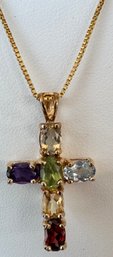 BEAUTIFUL GOLD OVER STERLING SILVER MULTI GEMSTONE CROSS NECKLACE