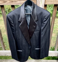 Black Pinstriped Mens Tuxedo Set With Satin Accents