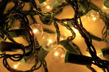 3 Strands Of Green Wire Clear Round Bulb Holiday Lights - In Working Condition