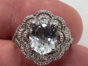 Fine Signed Sterling Silver Ring With A Large White Topaz And Ornate Setting