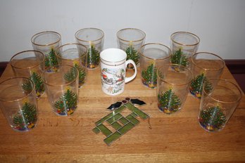 Set Of Twelve Holiday Glasses With Royal Doulton Coffee Mug And Stained Glass Chime