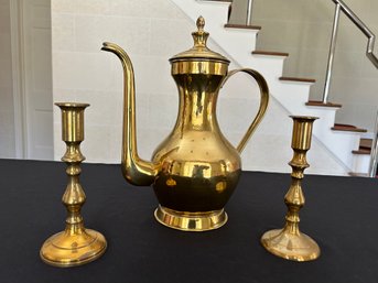 Large Belgian Teapot And Brass Candlesticks