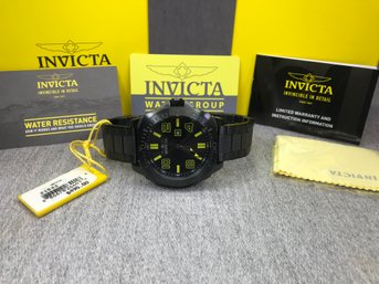 Brand New $495  INVICTA Mens Watch - ALL BLACK With Yellow Numerals With Box - Card - Booklet - Polish Cloth