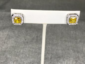 Gorgeous Brand New Sterling Silver / 925 Hexogonal Earrings With Deep Intense Yellow Topaz & White Zircons