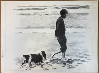 Original Charcoal Study Sketch On Paper Kennedy With Dog In Hyannis - Signed Alton S Tobey