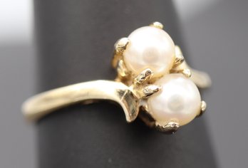 Elegant Dual Pearl Ring In 14k Yellow Gold