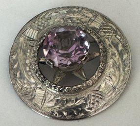 VINTAGE SCOTTISH THISTLE AND AMETHYST STERLING SILVER BROOCH - MADE IN SCOTLAND