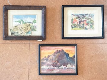 Two Original Vintage Watercolors, And Two Prints