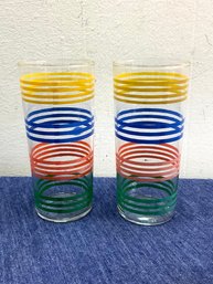 Vintage Mid Century Vibrant Stripped Tumbler Glasses Lot Of 2