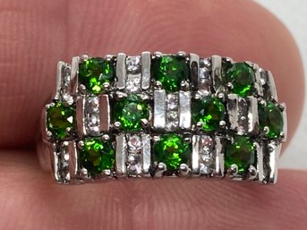 Fine Sterling Silver Ring With A Checkered Design Of Peridot And White Sapphires