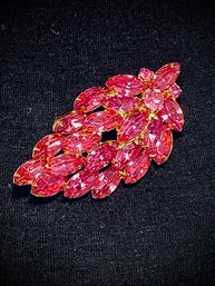 Sensational Vintage Pink Rhinestone Goldtone Leaf Brooch