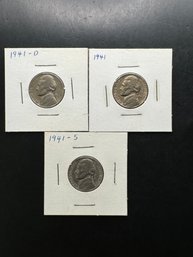 3 Jefferson Nickels 1941, 1941-D, 1941-S