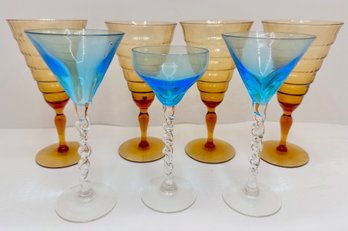 Set 4 Vintage Amber Wine Glasses & 3 Blue Glass Goblets