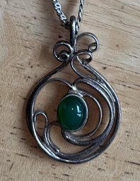 Gorgeous Sterling And Jade Freeform Pendant Necklace