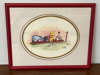 Charming Winnie The Pooh Ink Drawing Print In Red Wood Frame