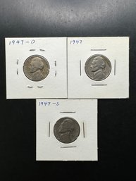 3 Jefferson Nickels 1947, 1947-D, 1947-S